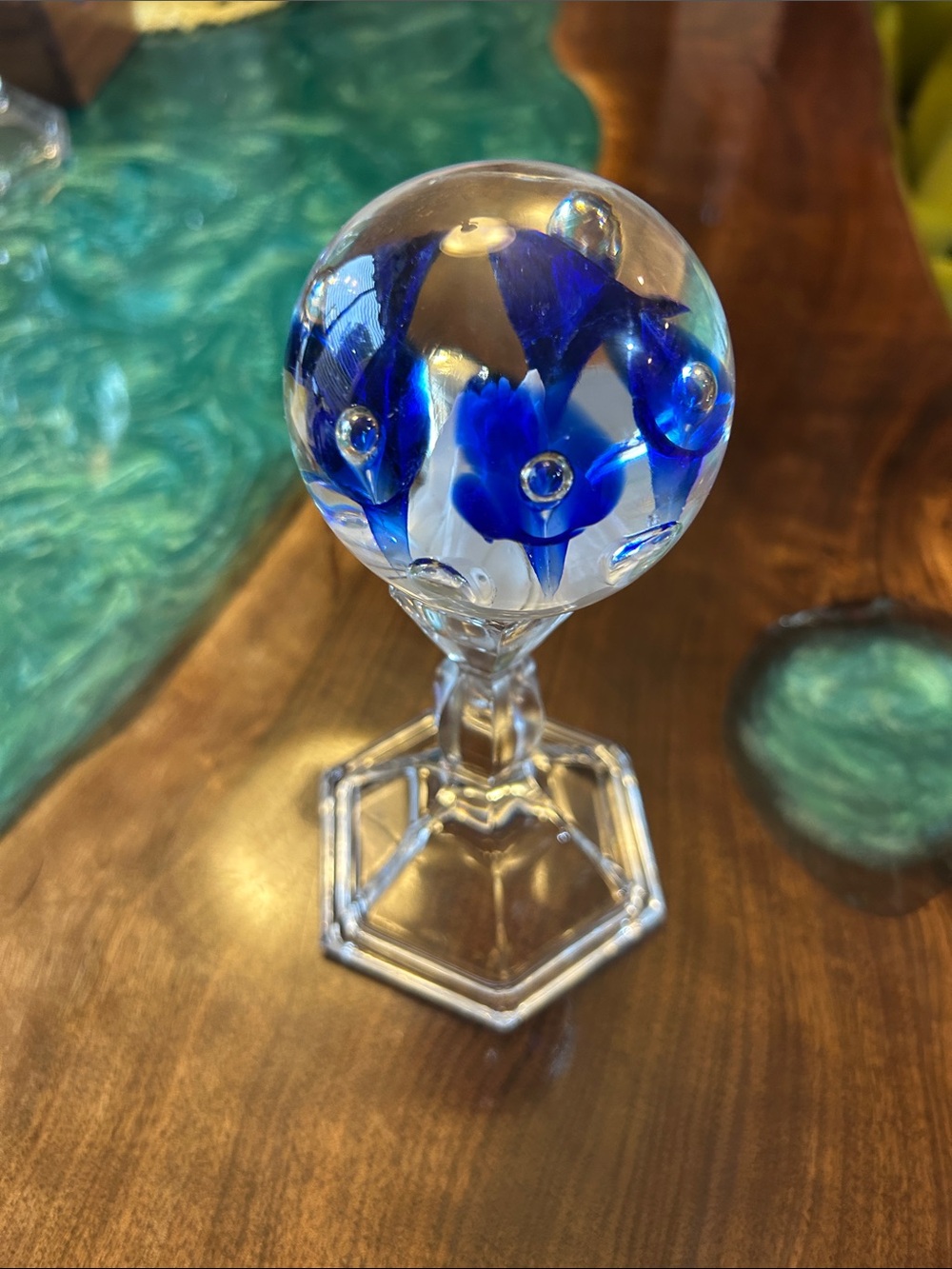 Art Hand-Blown Blue Glass Art Sphere on Clear Stand blue trumpet flowers